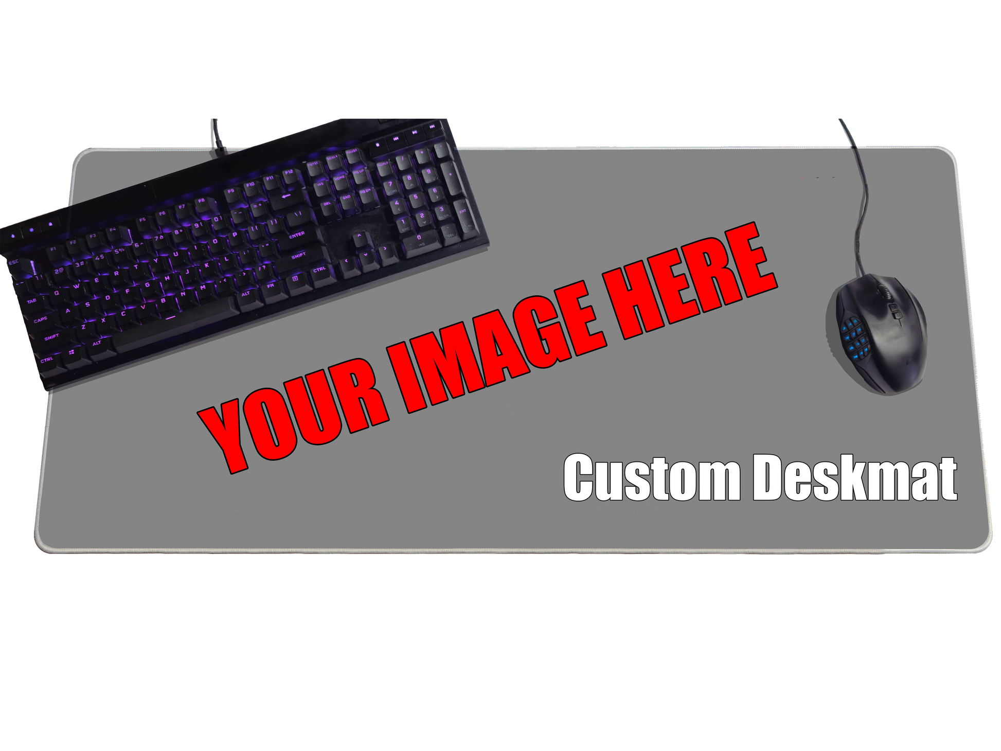 Custom desk mat with a keyboard, mouse, and headphones on a white background with text overlay.