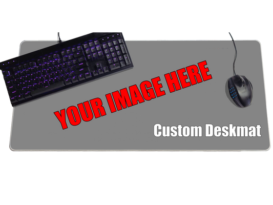 Custom desk mat with a keyboard, mouse, and headphones on a white background with text overlay.
